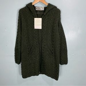 NWT- Aran Crafts Hooded Coatigan Cardi With Celtic Knot Zipper Pull Green Sz Med